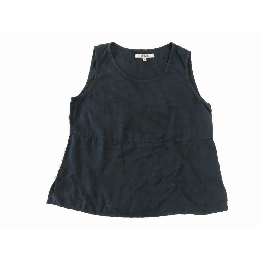 Flax Black Linen Sleeveless Scoop Neck Empire Waist Tank Top Shell M